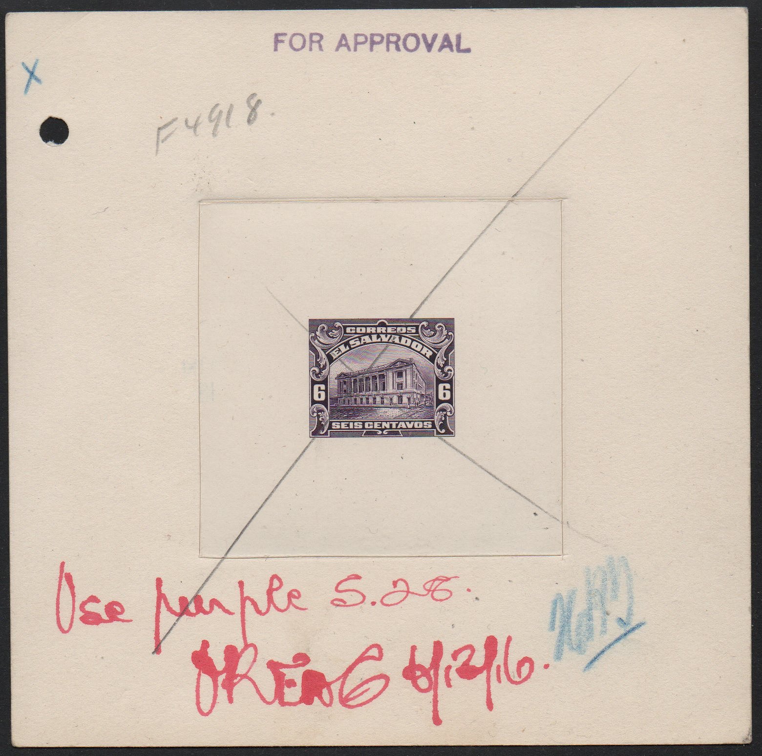 ABN Co. stamp archive working die proof of 6c violet - front - timbres-poste Briefmarken stamps El Salvador Tram Trolley Tranvia National Theatre teatro nacional 